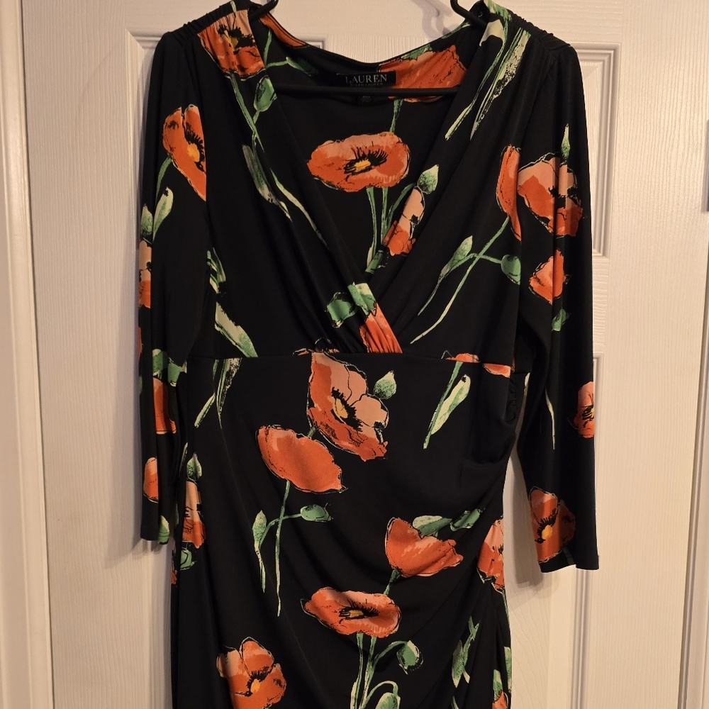 Lauren Ralph Lauren Navy Floral Coral Poppy Dress Ruched Side Faux Wrap